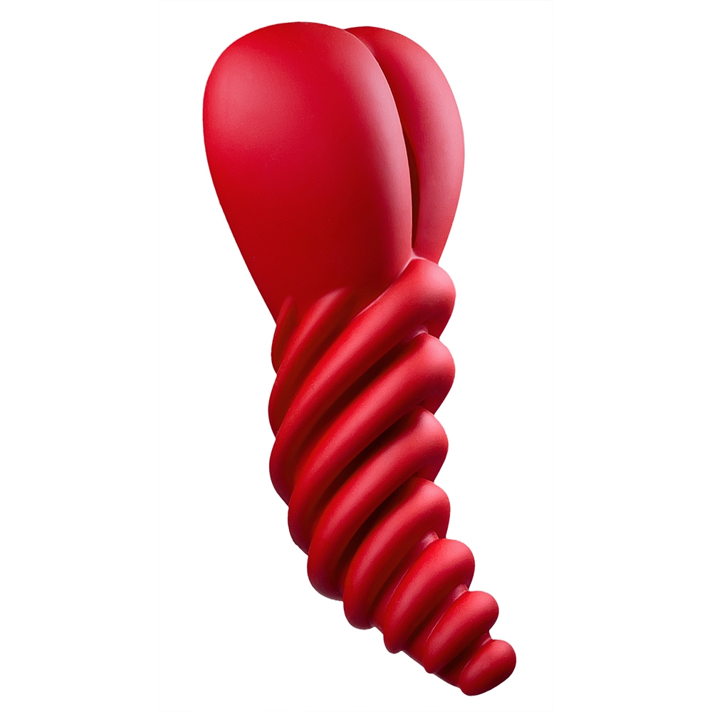 Red Banana Pants vibrator Luvgrind shown in hand for scale