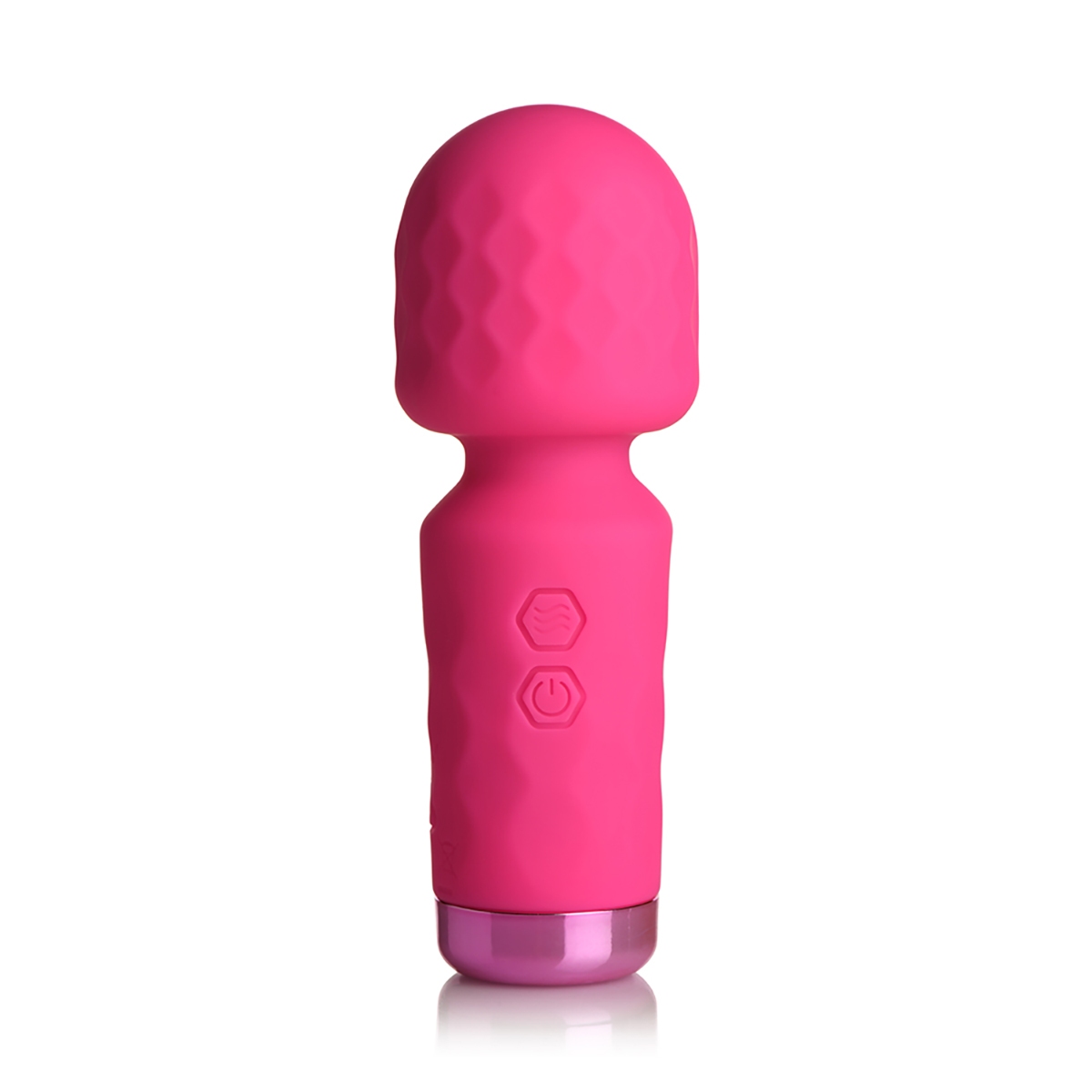 Pink XR Brands vibrator BANG! 10X Mini Silicone shown in hand for scale