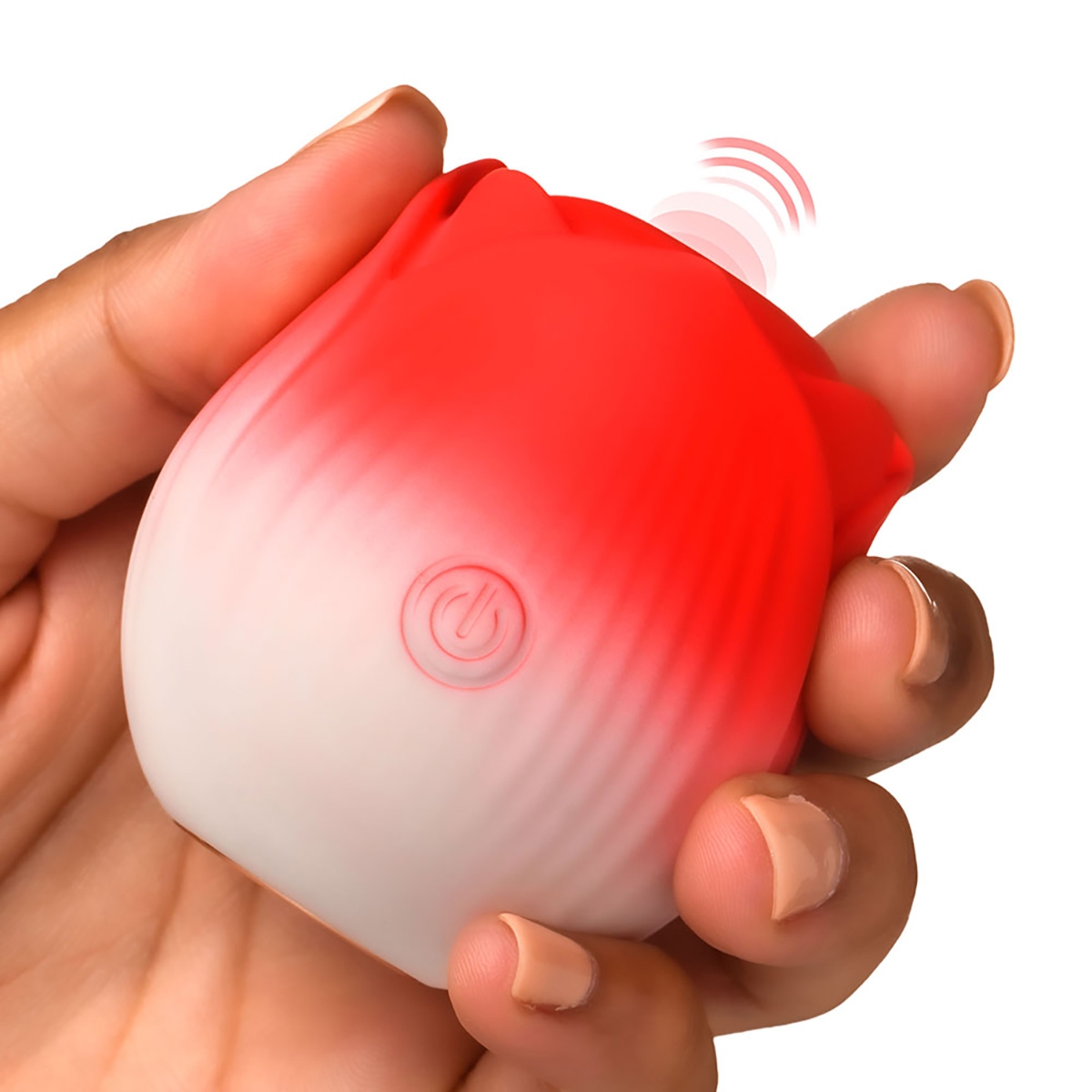Red XR Brands vibrator Bloomgasm Pulsing Petals Throbbing Rose Stimulator shown in hand for scale