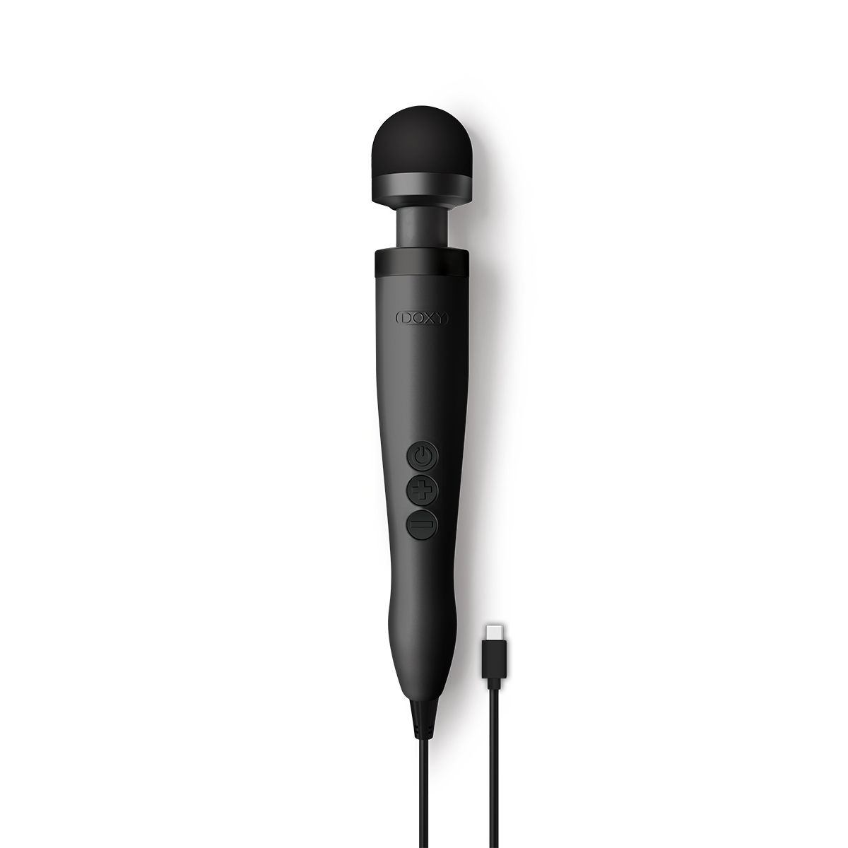 Matte Black Doxy vibrator USB-C Matte shown in hand for scale
