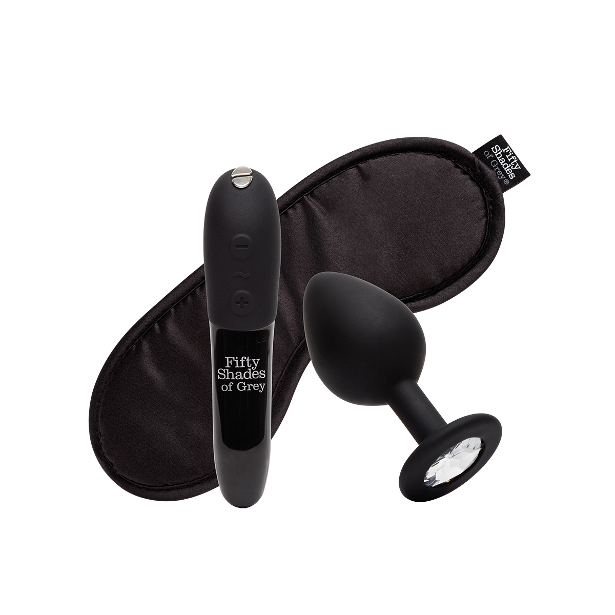 Fifty Shades of Grey vibrator Fifty Shades X We- Come to Bed 3pc Couple's Kit shown in hand for scale