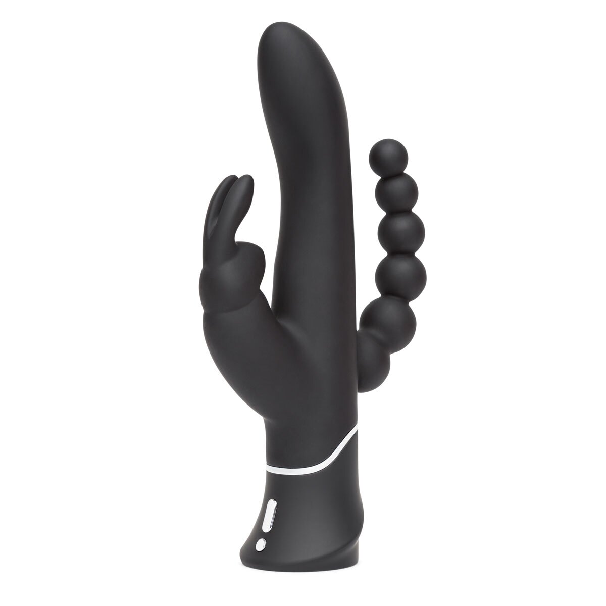 Black Happy Rabbit vibrator Elite Triple Curve shown in hand for scale