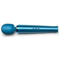 Blue Le Wand vibrator Pacific shown in hand for scale