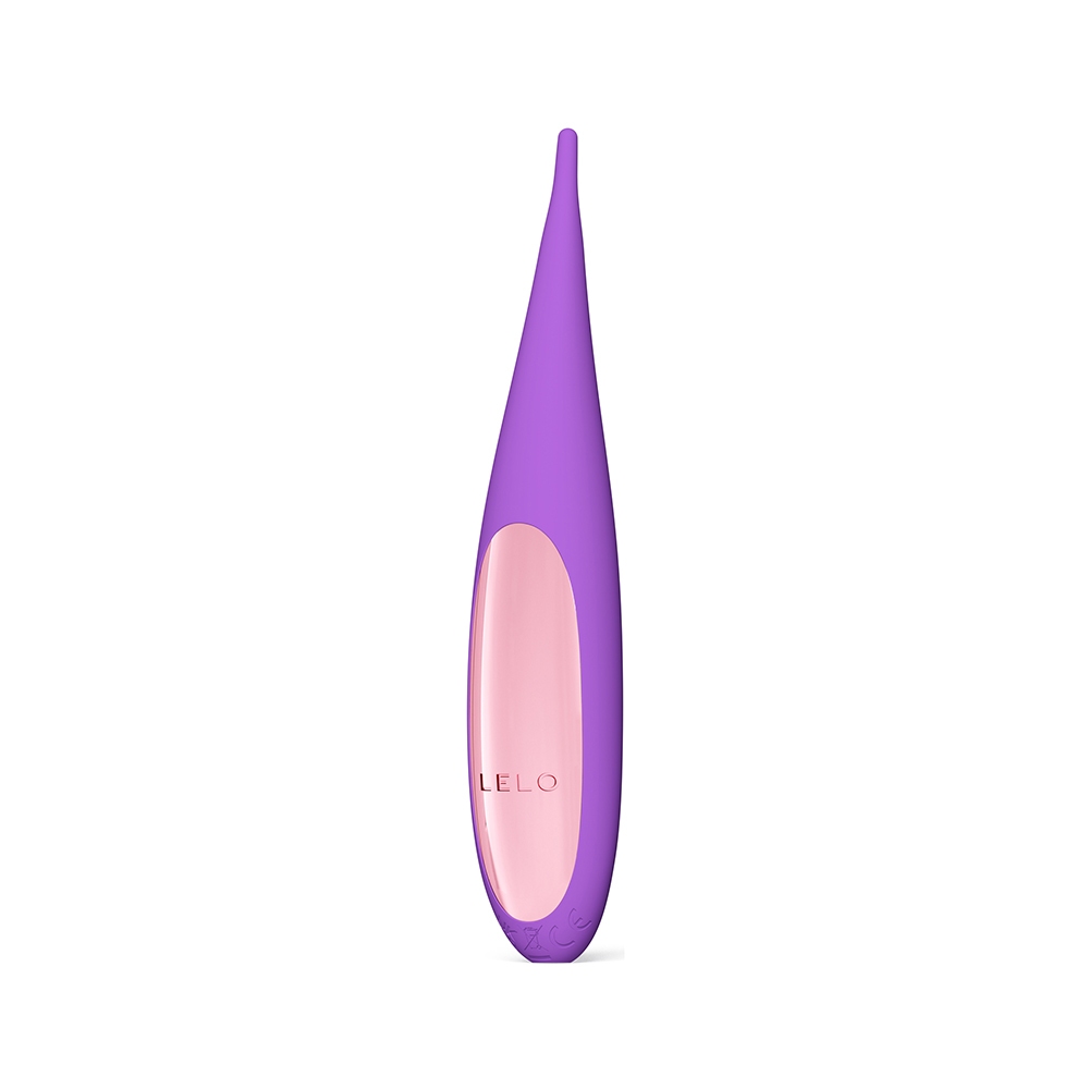 Purple LELO vibrator DOT Travel Clitoral Pinpoint shown in hand for scale