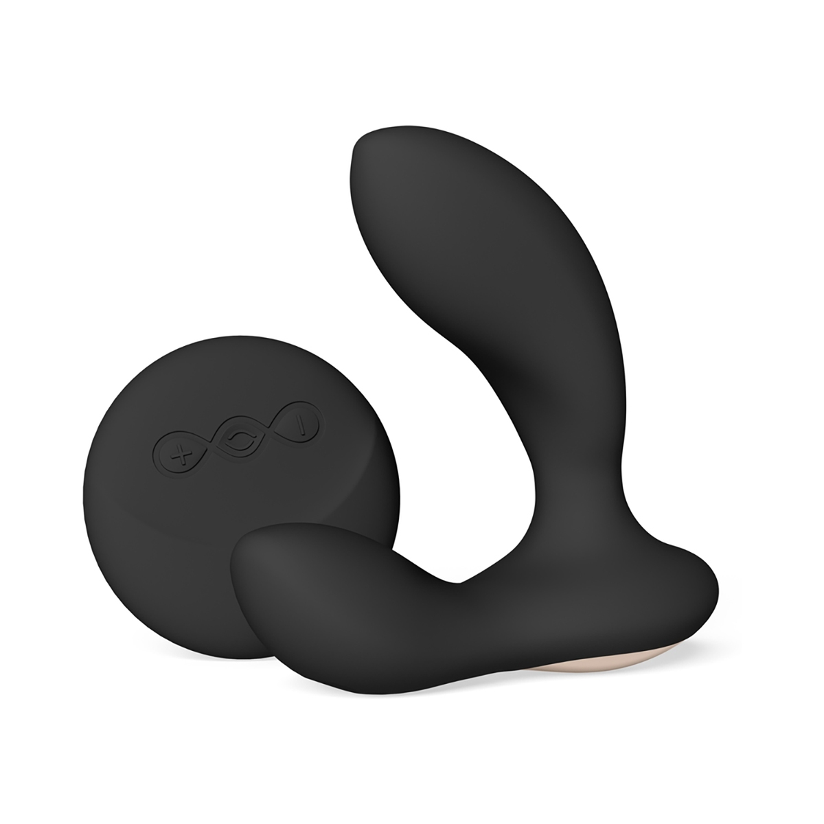 Black LELO vibrator Hugo 2 With Remote shown in hand for scale