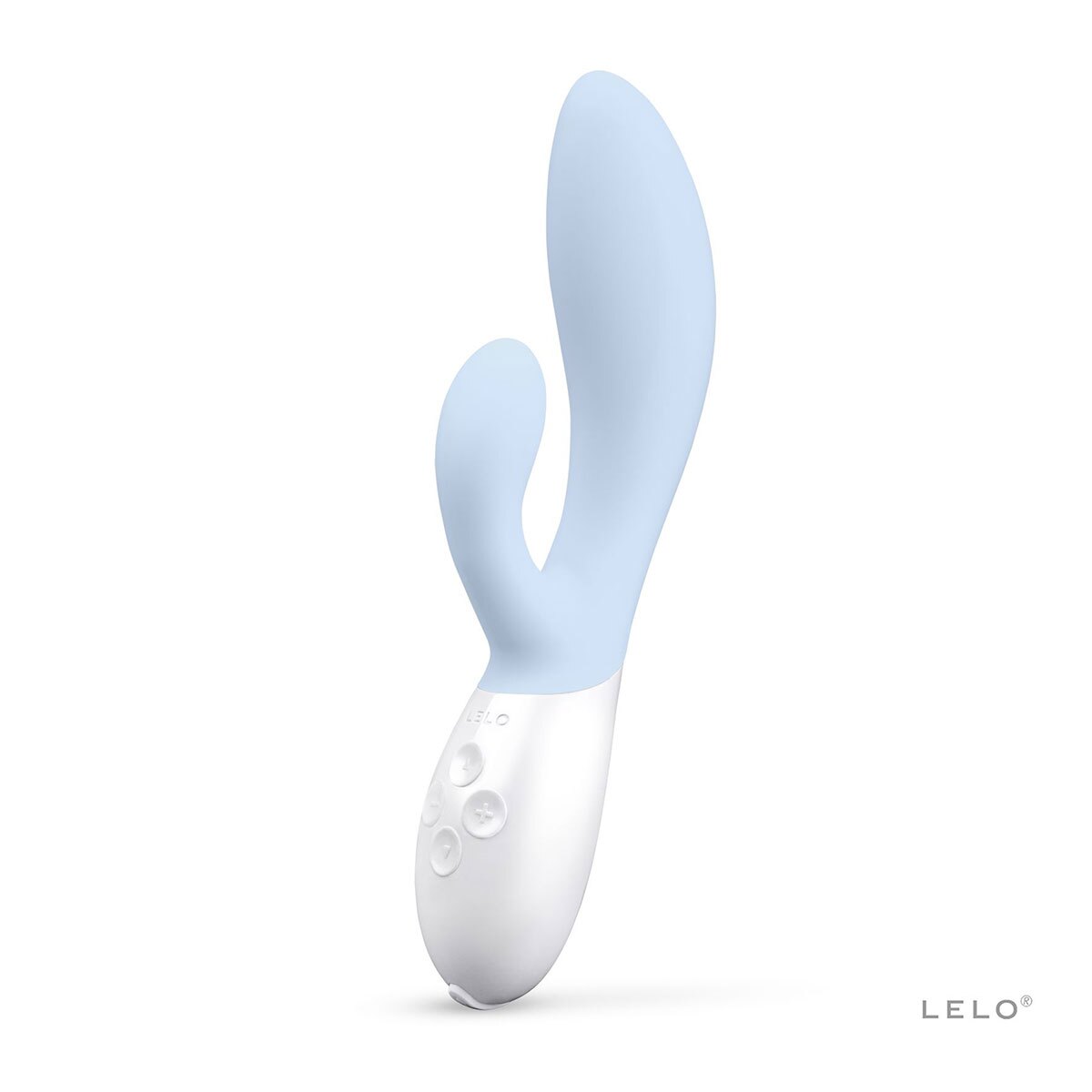 Blue LELO vibrator Ina 3 Seafoam shown in hand for scale