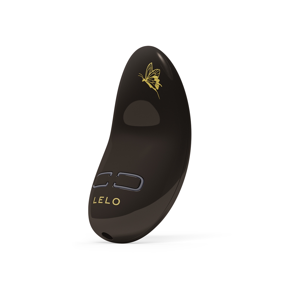 Black LELO vibrator Nea 3 Pitch shown in hand for scale