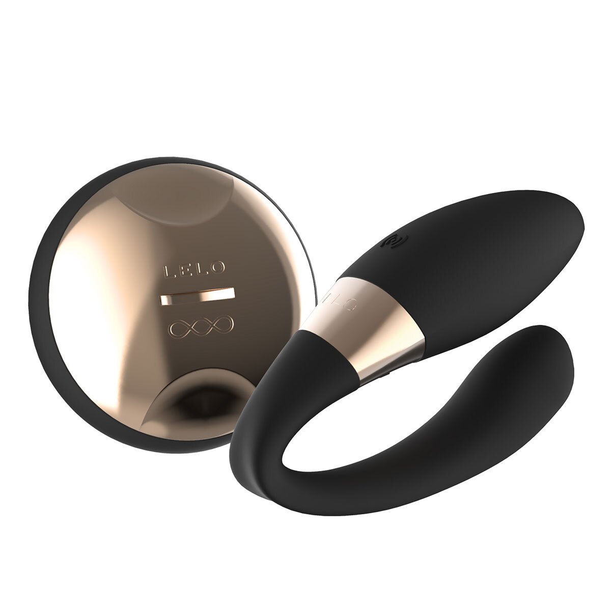 Black LELO vibrator Tiani Duo shown in hand for scale
