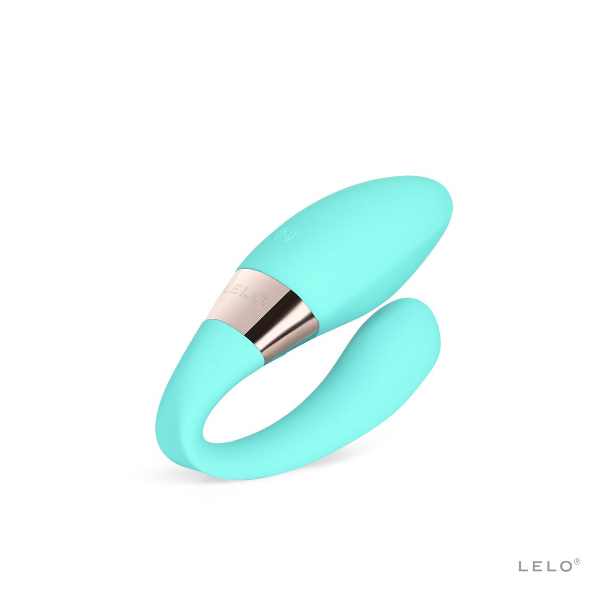 Aqua LELO vibrator Tiani Harmony shown in hand for scale
