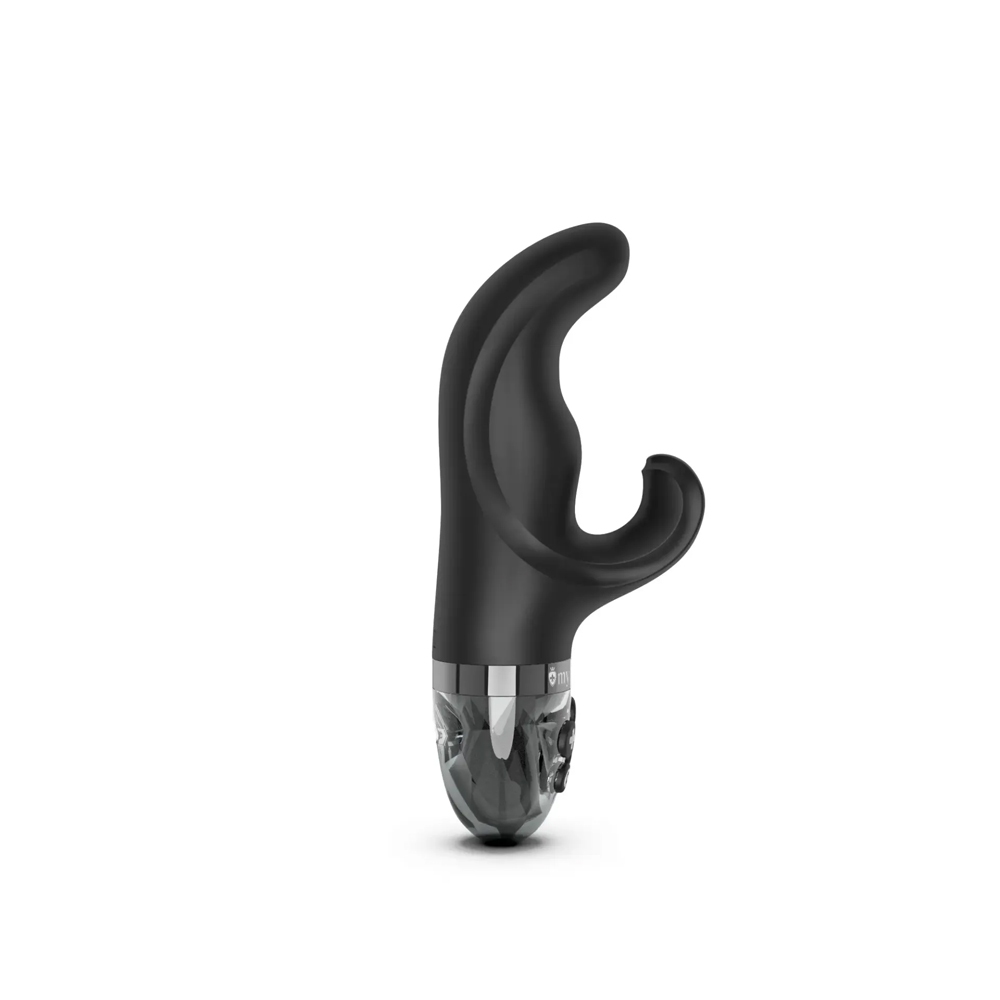 Black Mystim vibrator Hop Hop Bob eStim shown in hand for scale