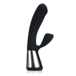Black OhMiBod vibrator Fuse Interactive Dual Stim shown in hand for scale