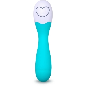Turquoise OhMiBod vibrator Lovelife Cuddle shown in hand for scale
