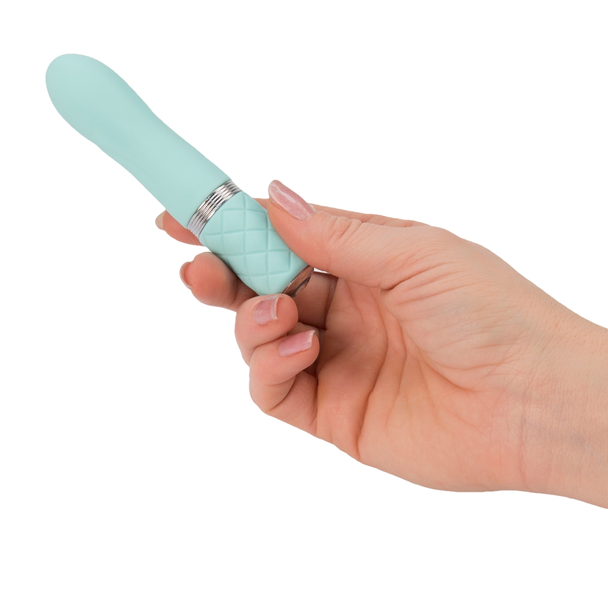 Angled view of the Teal BMS vibrator designed for intimate use