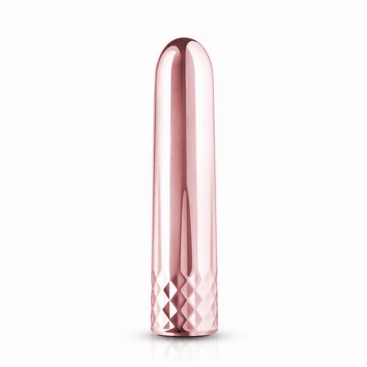 Gold Rosy Gold vibrator Nouveau Mini shown in hand for scale