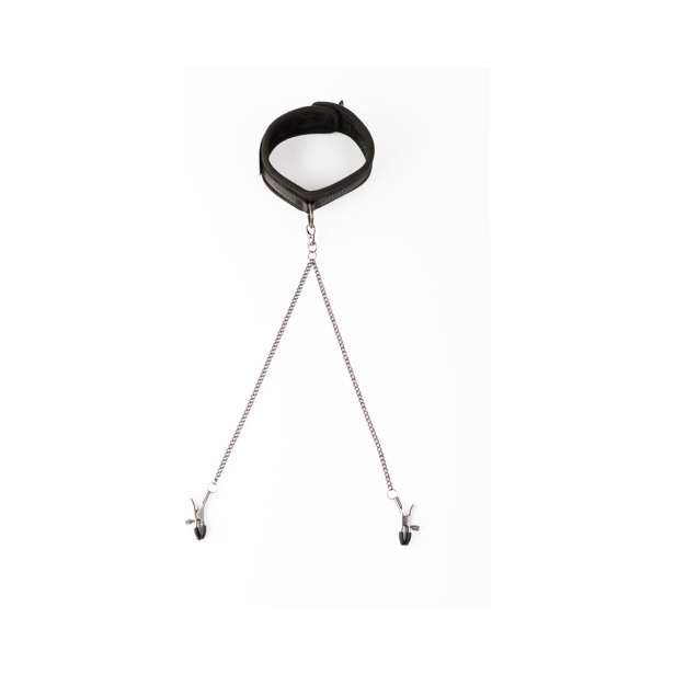 Creative Conceptions vibrator SEI MIO Twin Tweaks Velvet Collar with Nipple Clamps shown in hand for scale