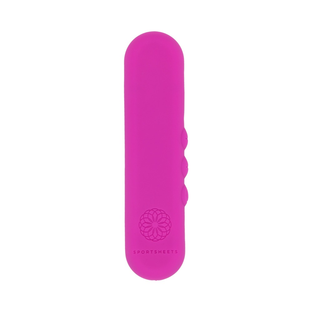 Pink Sportsheets vibrator SS Pivot Flat shown in hand for scale