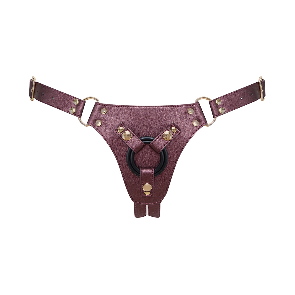 Strap-On-Me vibrator Leatherette Harness Generous One Size Aubergine shown in hand for scale