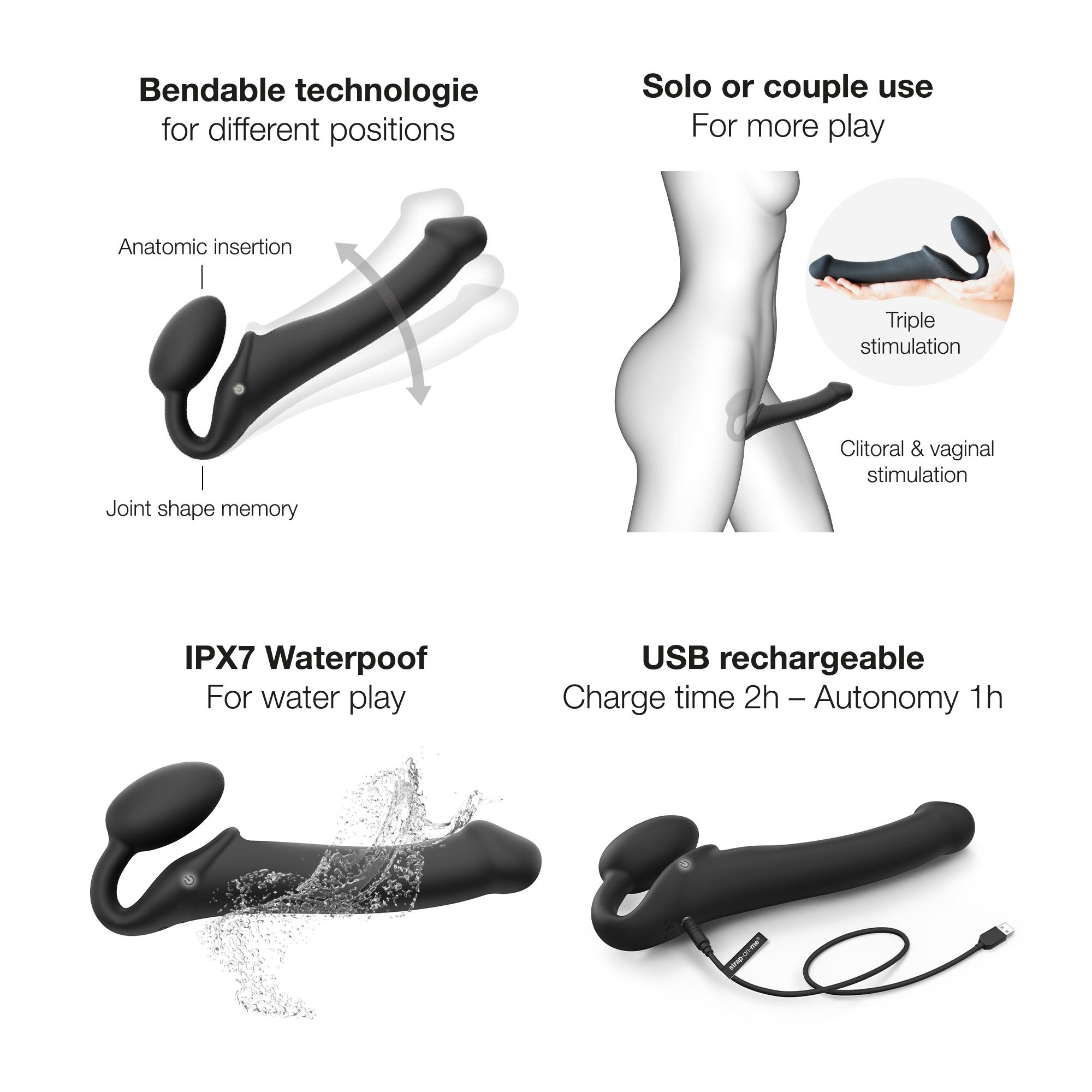 Product image of the Black Strap-On-Me vibrator on clean background