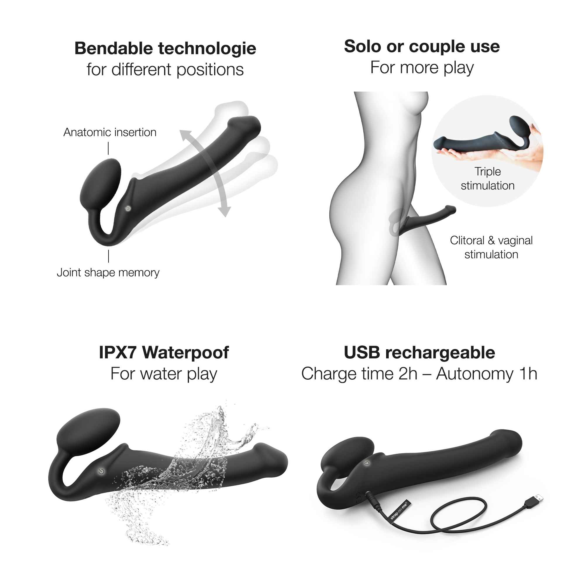 Product image of the Black Strap-On-Me vibrator on clean background