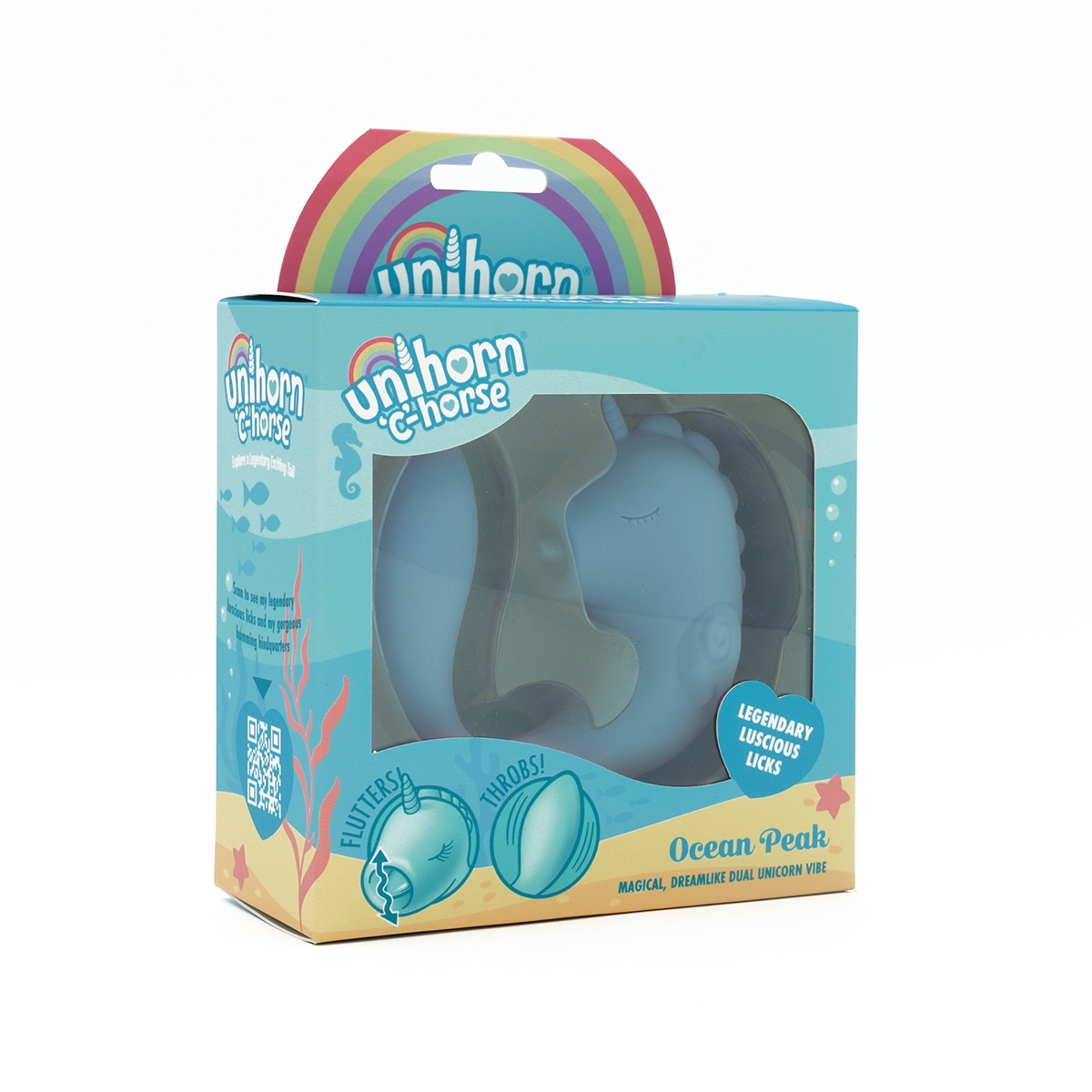 Blue Creative Conceptions vibrator Unihorn C Horse Ocean Peak shown in hand for scale