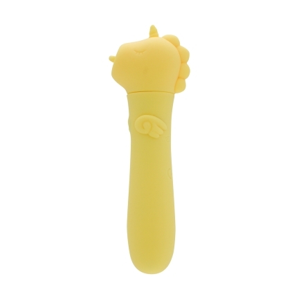 Yellow Creative Conceptions vibrator Unihorn USB Bean Blossom shown in hand for scale