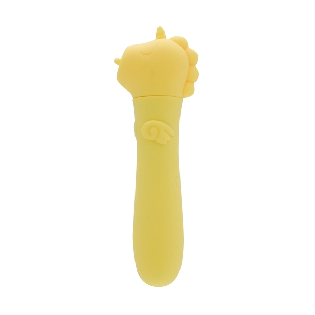 Yellow Creative Conceptions vibrator Unihorn USB Bean Blossom shown in hand for scale