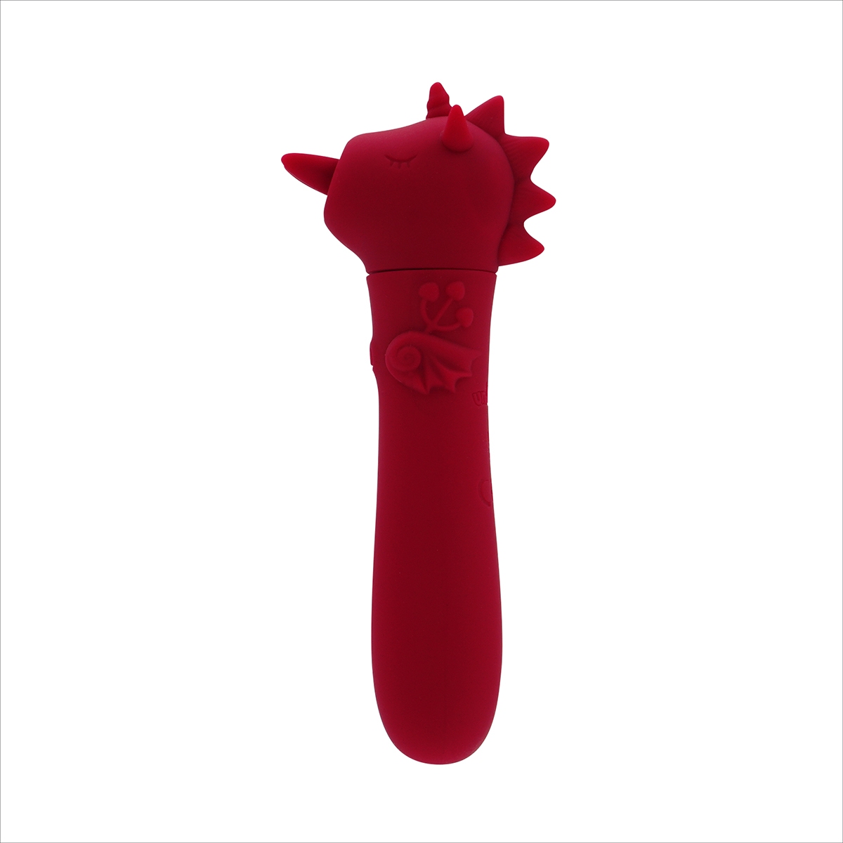 Red Creative Conceptions vibrator Unihorn USB Blaze Diablo Dark shown in hand for scale