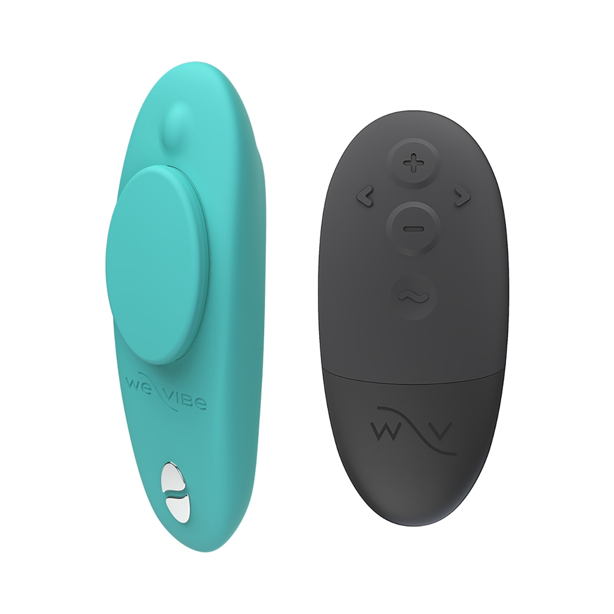 Teal We-Vibe vibrator Moxie+ Wearable Clitoral shown in hand for scale