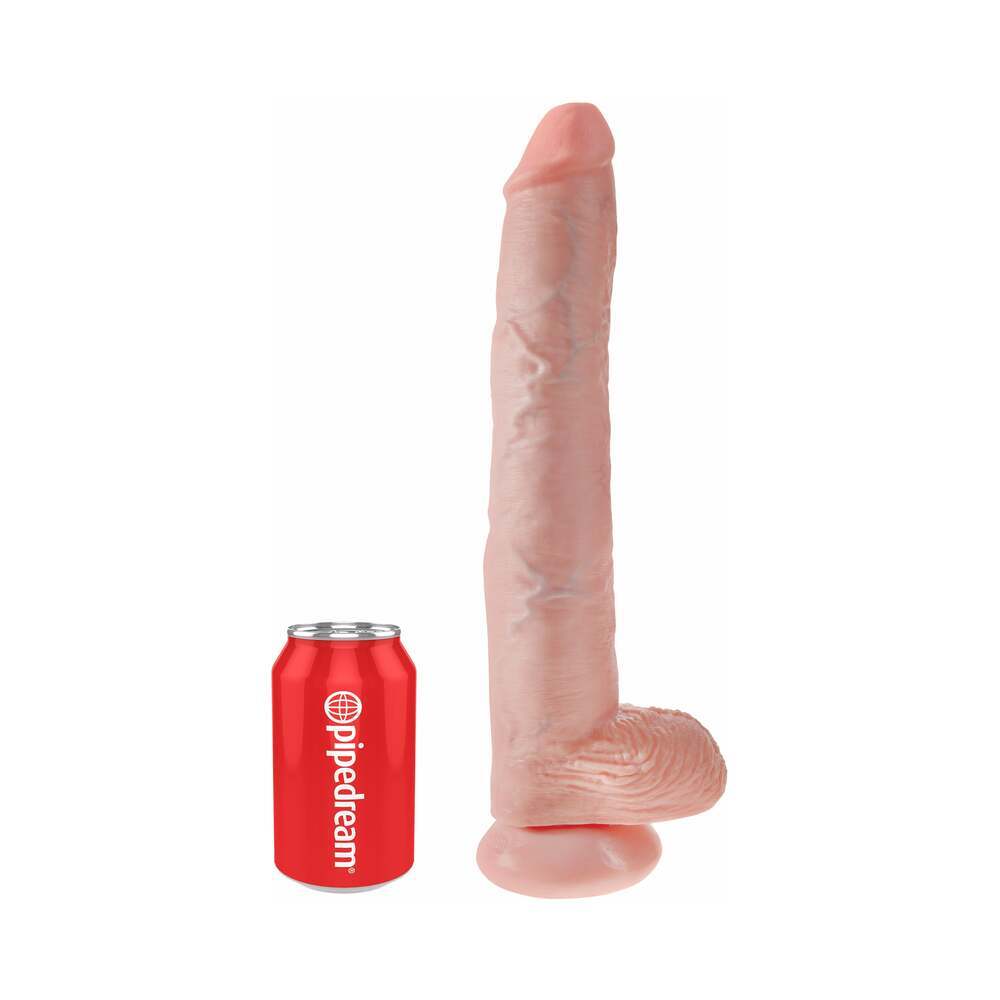 14 inch Dildo by Pipedream in Vanilla Ivory Beige shown for pegging Her or Him