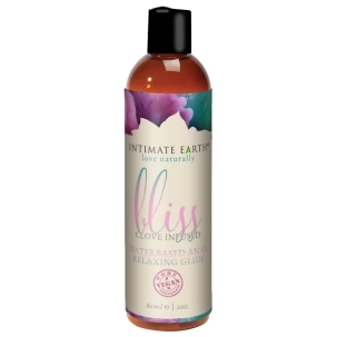 Bottle of 2 oz Water Based Lube Intimate Earth showing clean, lightweight formula