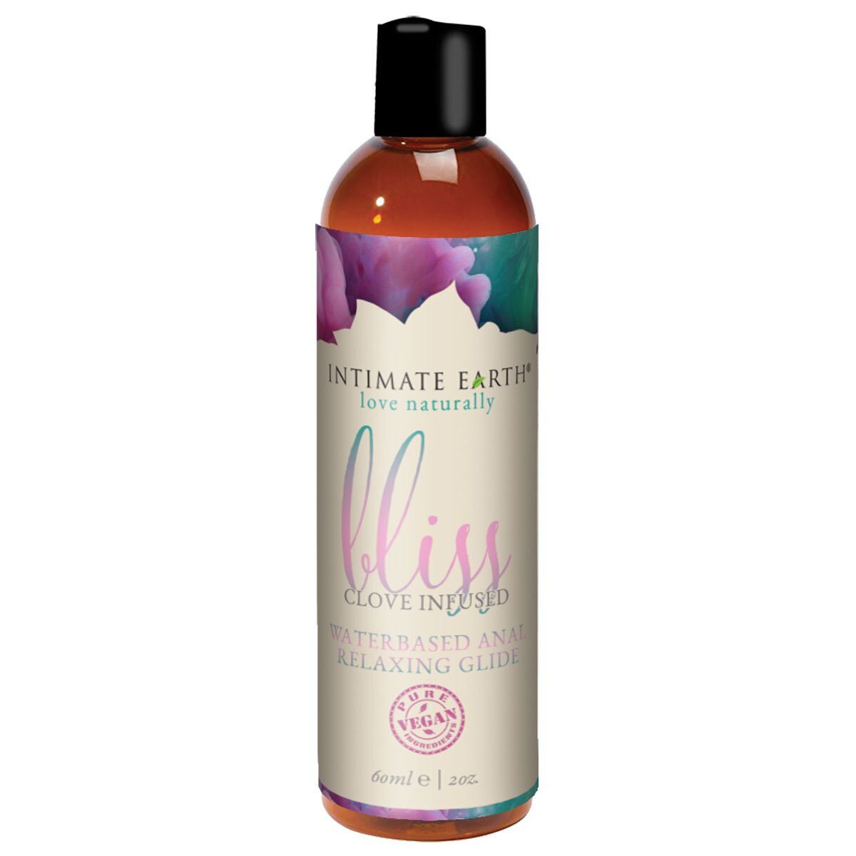 Bottle of 2 oz Water Based Lube Intimate Earth showing clean, lightweight formula