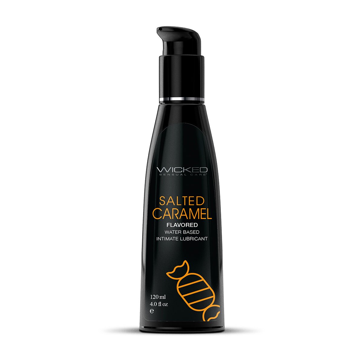 Bottle of 4 oz Flavored Lube Wicked Sensual Care showing sweet, kissable formula