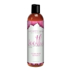 Bottle of 4 oz Water Based Lube Intimate Earth showing clean, lightweight formula