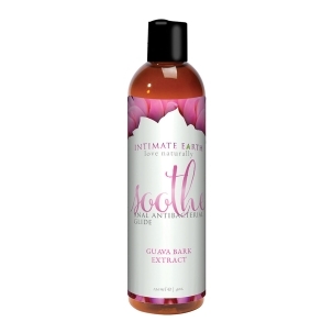 Bottle of 4 oz Water Based Lube Intimate Earth showing clean, lightweight formula