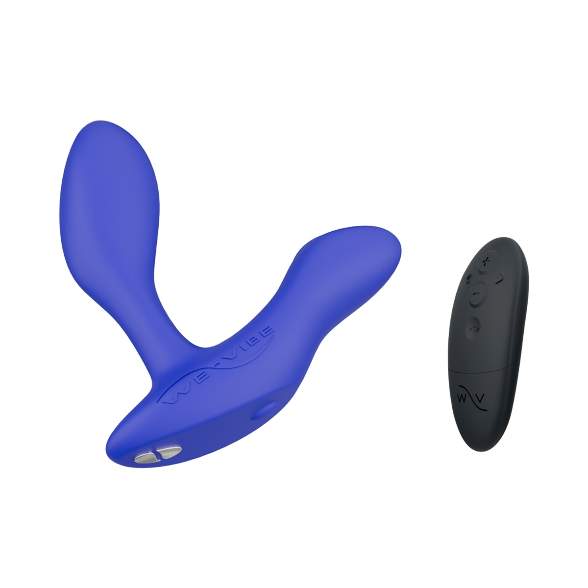 Blue We-Vibe vibrator Vector+ Dual Stim Prostate shown in hand for scale