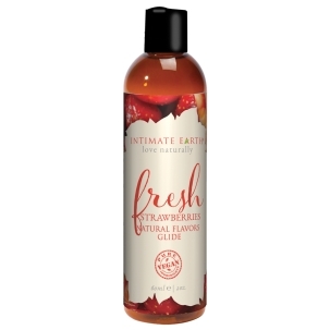 Bottle of  Water Based Lube Intimate Earth showing clean, lightweight formula