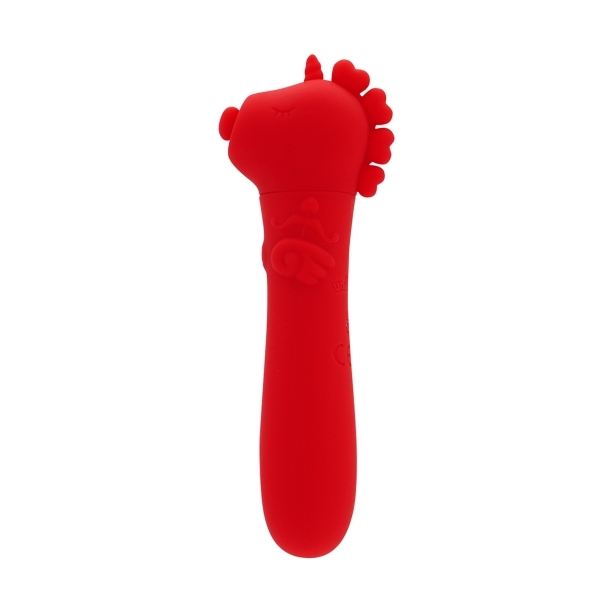 Red Creative Conceptions vibrator Unihorn USB Cupids Beau Light shown in hand for scale