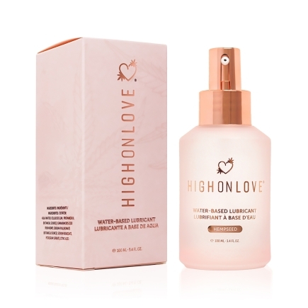 Bottle of  Water Based Lube HighOnLove showing clean, lightweight formula