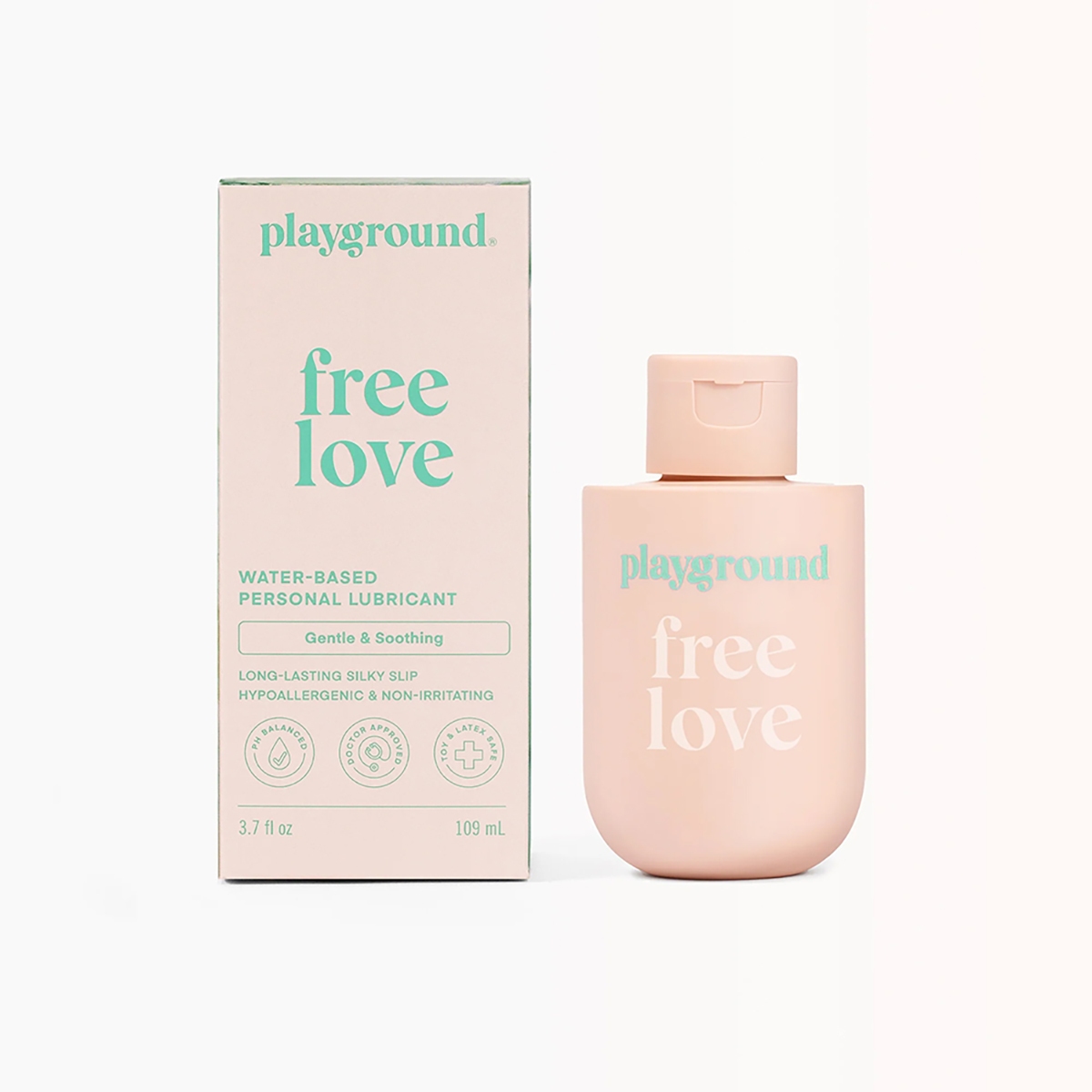 Bottle of  Water Based Lube Playground showing clean, lightweight formula