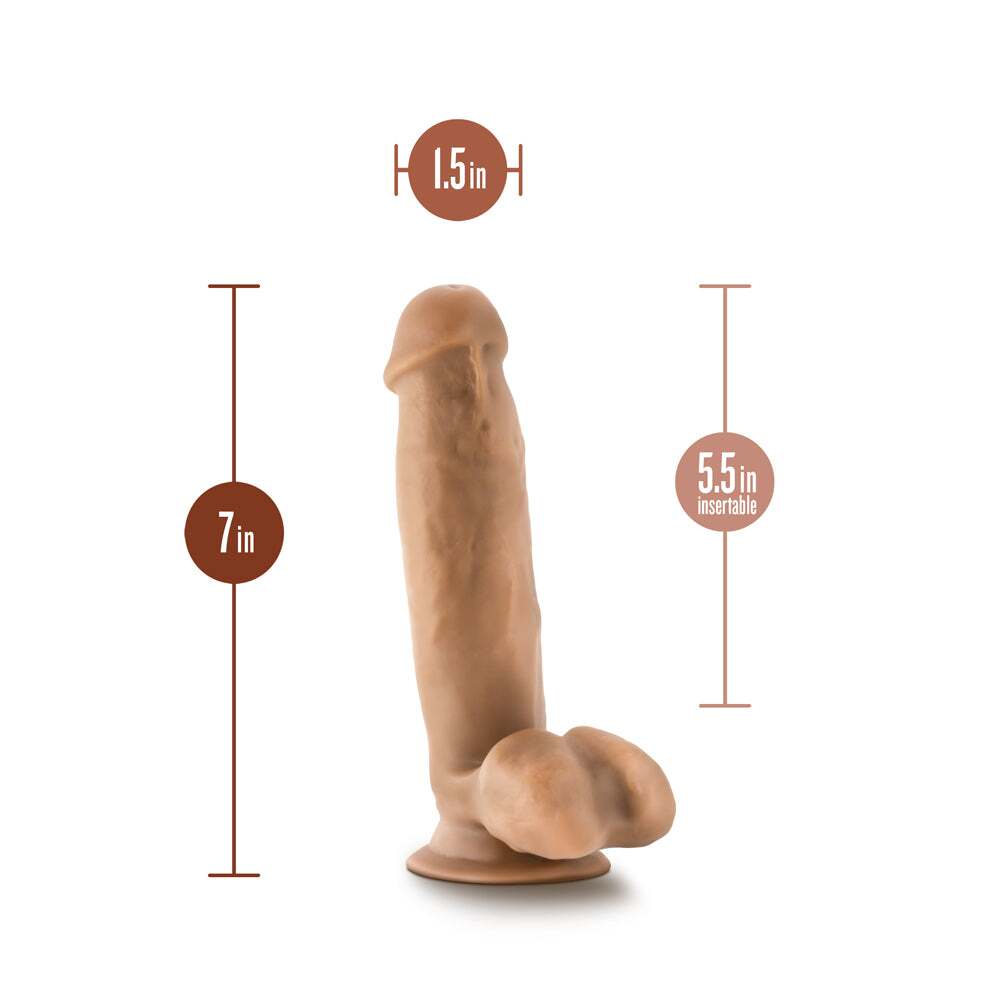 7 inch Dildo by Blush in Tan Light Brown Mocha displayed for pegging Him or Her