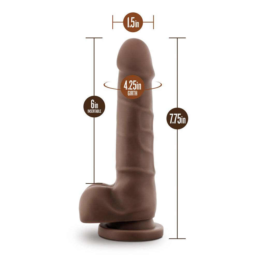 7.75 inch Dildo by Blush in Dark Brown displayed for pegging Him or Her