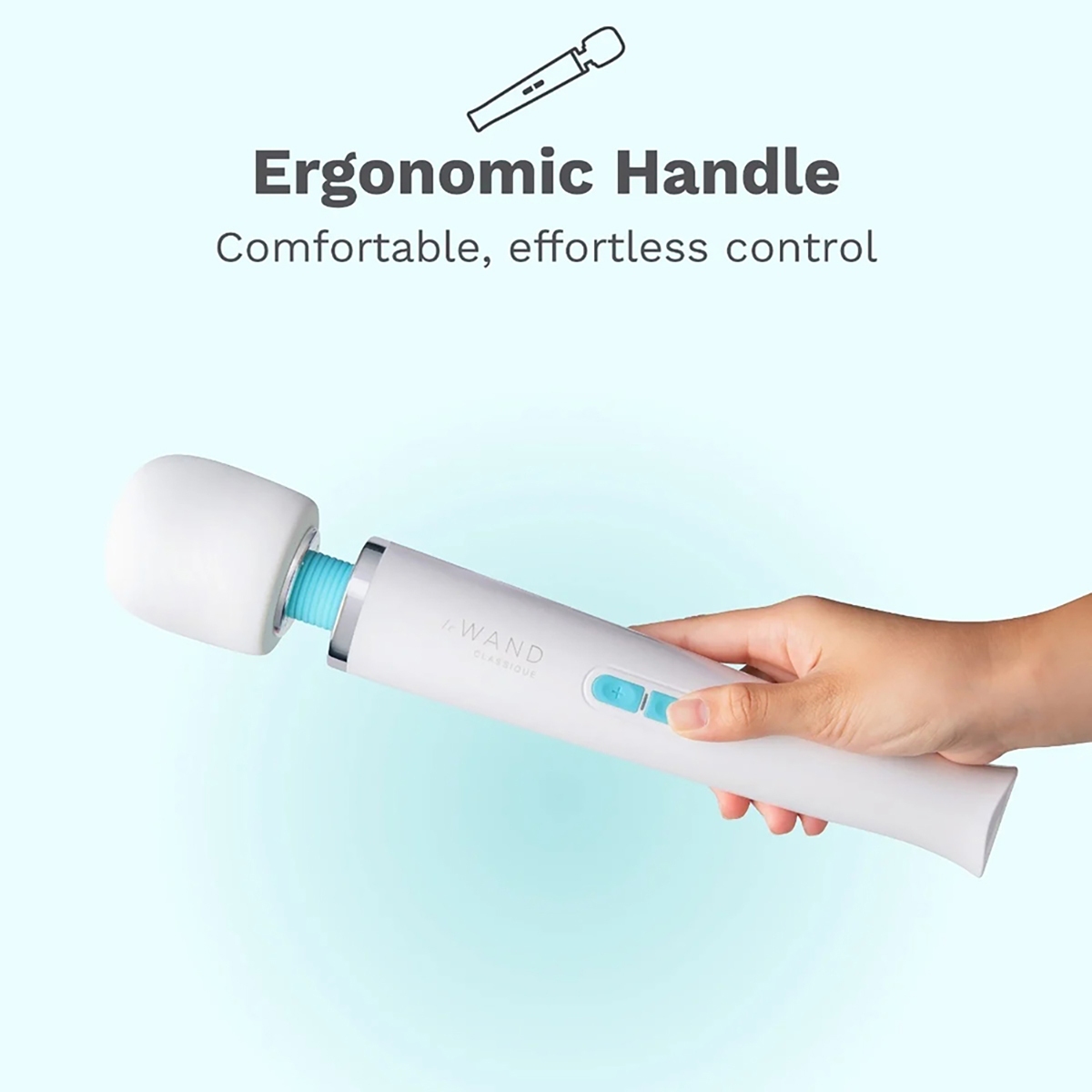 Angled view of the  Le Wand vibrator designed for intimate use