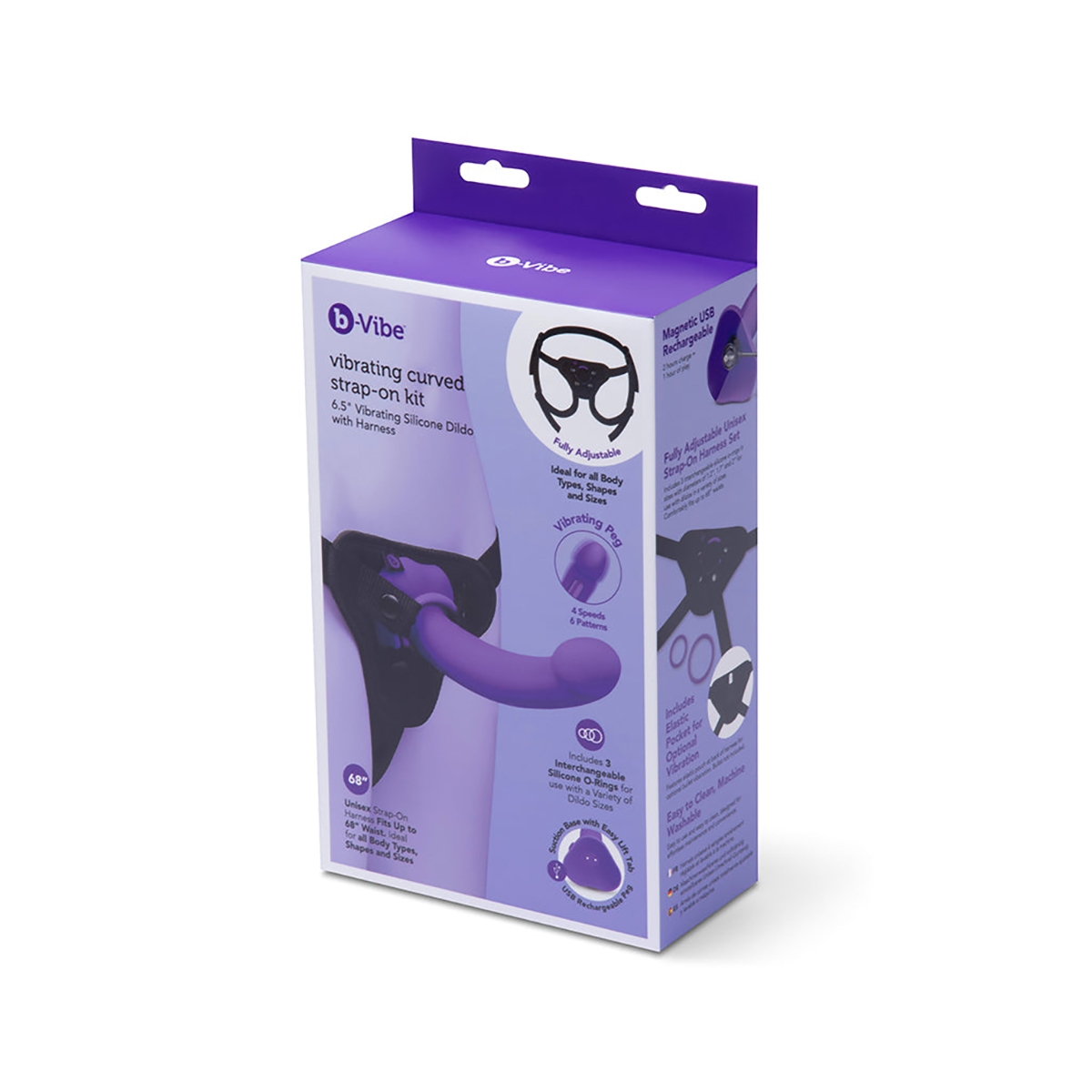 B-Vibe vibrator Curved Strap-On Kit shown in hand for scale