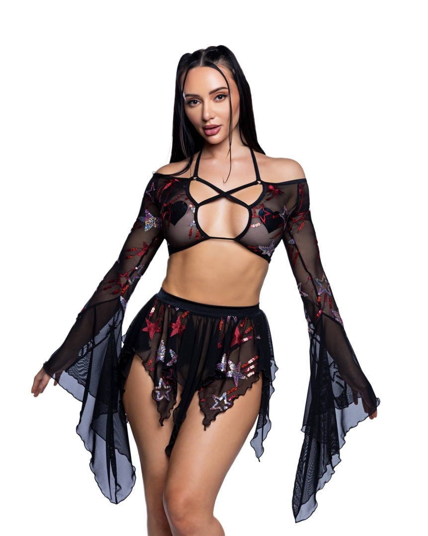 Black red sequin butterfly top + skirt rave outfit with a sequin butterfly top