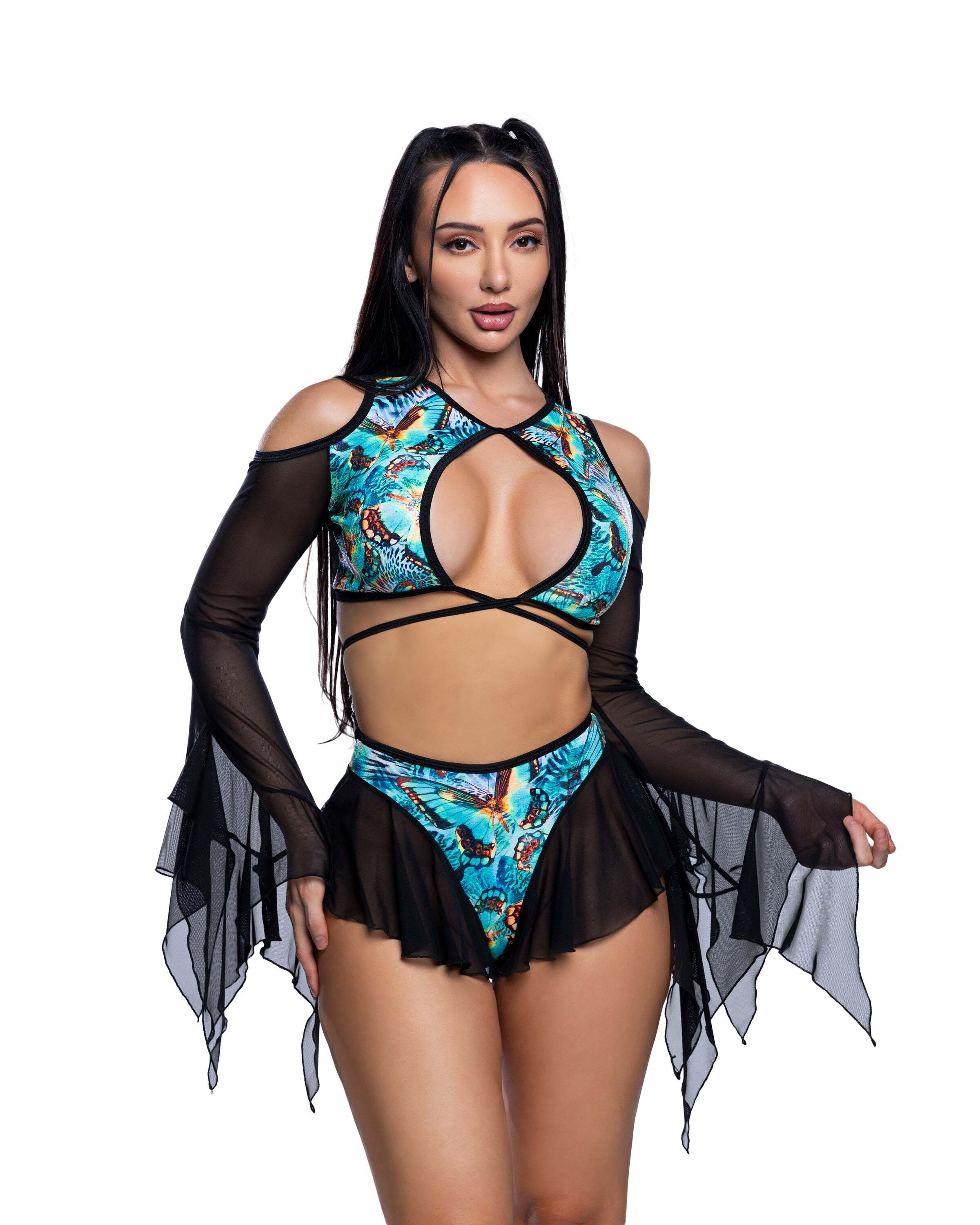 Teal Black Butterfly Flutter Rave Shorts with butterfly print energy