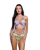 Neon Lavender 5 O-Ring Rave Bodysuit with bold cutouts