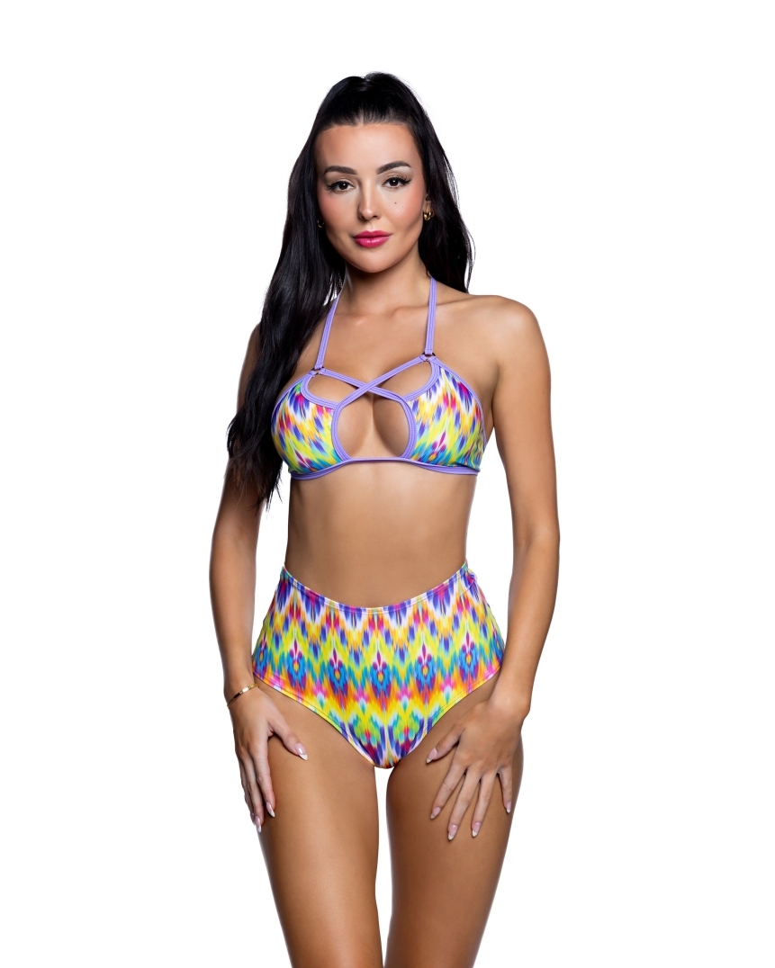 Neon lavender criss-cross rave top with crossing strap detail and a tiny body-framing silhouette and festival-ready styling.