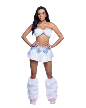 White Clouds Furry Skirt + Tube Top Rave Outfit with plush faux-fur texture