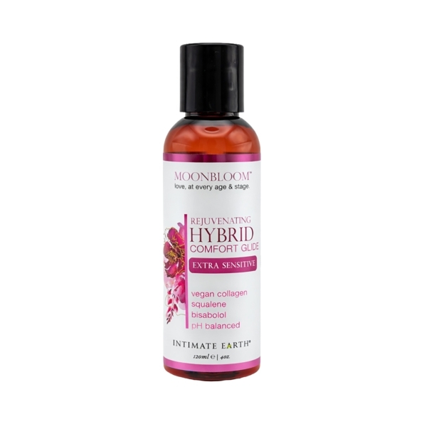 Bottle of  Water Based Lube Intimate Earth showing clean, lightweight formula