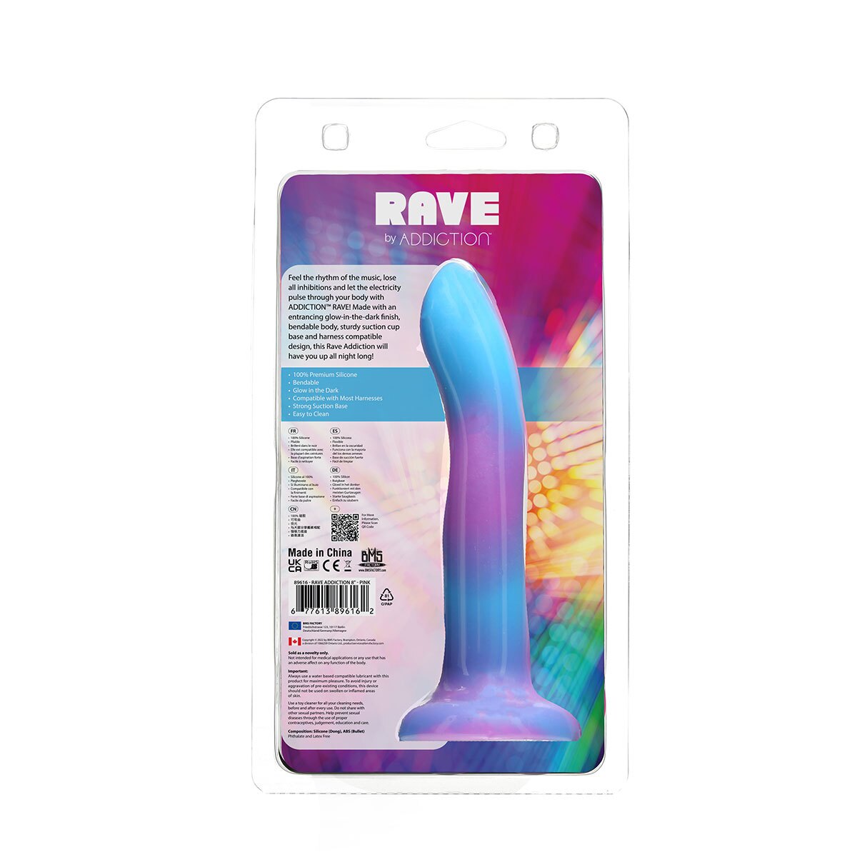Addiction Glow in the Dark Rave Dil 8 quot Purple Blue dildo made by BMS on sale at herVibrators.com